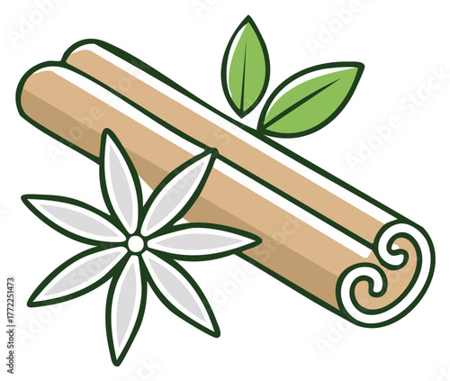 A vibrant illustration of aromatic cinnamon sticks star anise and fresh green leaves evoking warm flavors