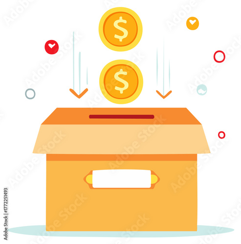 Donation Box with Money Coins Falling Into the Slot Helping People in Need Charity Support Symbol Illustration