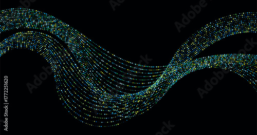 Abstract flowing wave of shimmering green and blue particles against a dark background