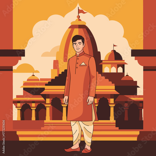 A young Indian man in traditional orange kurta and dhoti stands before a grand Hindu temple.