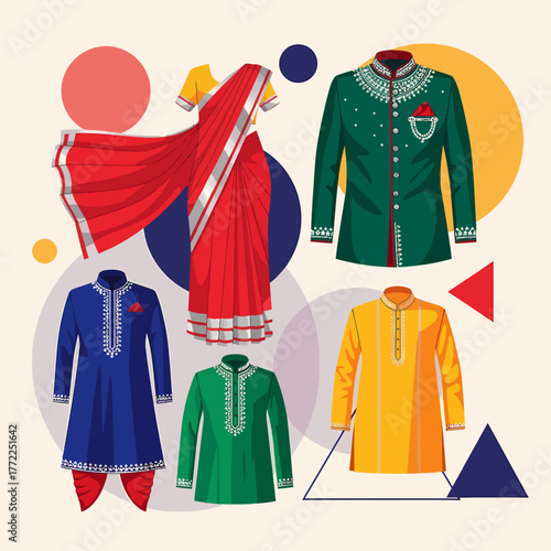 A vibrant collection of traditional Indian ethnic wear for men and women, including saris and kurtas.
