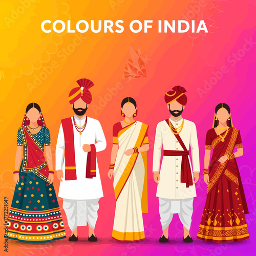 Illustration of people in traditional Indian clothing with the text "Colours of India".