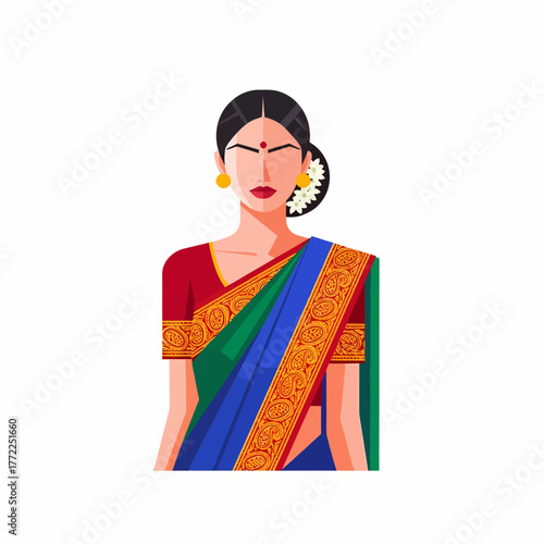 Vector illustration of a beautiful Indian woman in a traditional colorful saree with a bindi.
