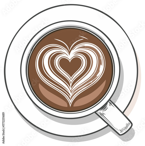 Delicious latte art, a heart pattern in a cup, a tasty aroma, vector illustration