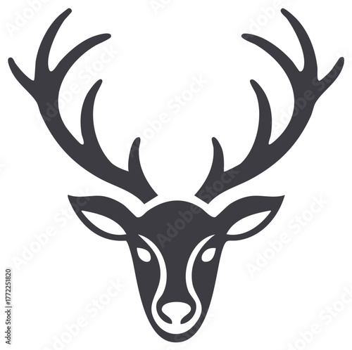 Vector illustration of a stag head with large antlers. Minimalist deer symbol for a wildlife or hunting logo.