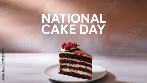 A slice of layered chocolate cake with raspberries on a plate, celebrating National Cake Day
