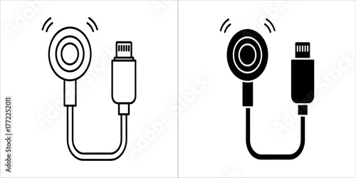 Two icons of a usb c adapter and a round connector with sound waves, one black and white, one black