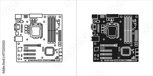 Computer motherboard in black and white vector