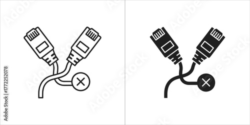 Network connection error icon with two ethernet cables and a cross symbol