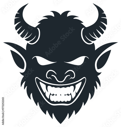 Fierce Demon Face Silhouette with Horns and Sharp Teeth Glowing Eyes