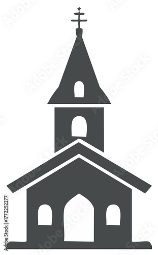 Silhouette Icon of a Rural Church with Cross Isolated on White Depicting Faith and Community Worship