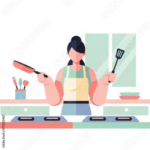 Flat Design Illustration of a Woman Cooking in the Kitchen.eps