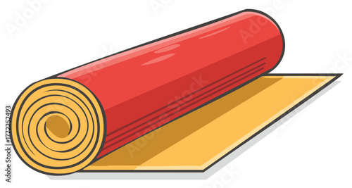 Rolled Red Yoga Mat Unfurling onto Yellow Surface Illustration