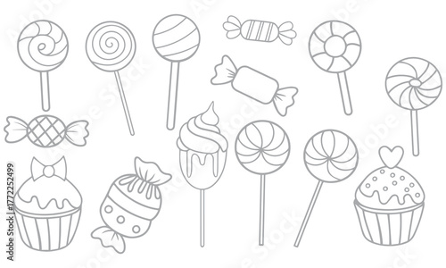 Cute Food and Dessert Line Art Icon Set – Hand-Drawn Vector Collection of Snacks, Sweets, and Drinks .