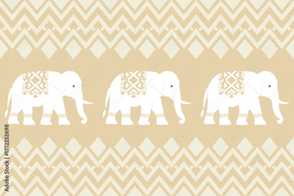 Fototapeta premium Seamless pattern with white decorative elephants and geometric tribal shapes on a beige background, perfect for textile, wallpaper, or boho-style design projects.