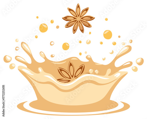Creamy liquid splash with anise star, food drink ingredient element, delicious flavor dessert vector illustration, food art design