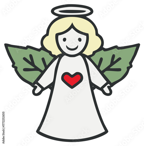 A cute cartoon angel with a halo, red heart, and leaf wings smiles warmly