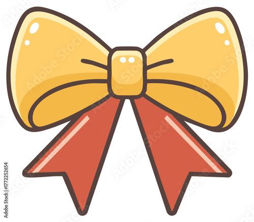 Festive Yellow and Red Ribbon Bow Cartoon Style Holiday Gift Decoration