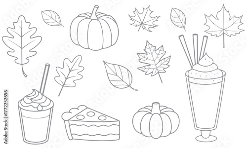 Cute Food and Dessert Line Art Icon Set – Hand-Drawn Vector Collection of Snacks, Sweets, and Drinks .