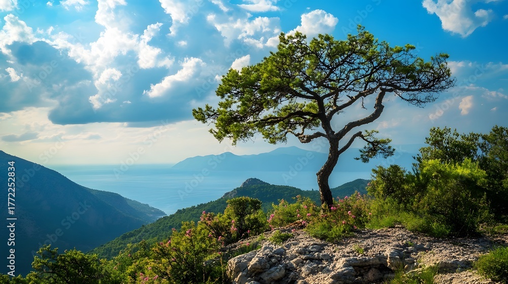 Obraz premium A lone tree stands on a cliff overlooking a mountain range with blue sky and white clouds.