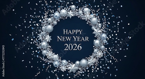 Elegant happy new year 2026 silver wreath on a dark blue background