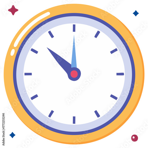 Vibrant flat design clock illustration displaying time and representing schedules