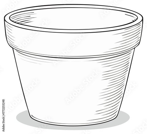 Hand Drawn Illustration of a Flower Pot, empty, no plant, with shadow, simple design, on white