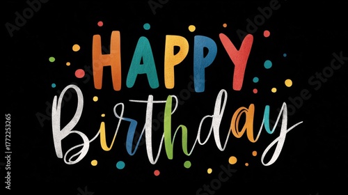 Happy birthday text with colorful elements and confetti creating a festive greeting