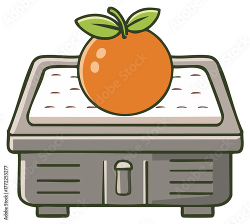 Cartoon orange with green leaves sitting on a kitchen grater tray
