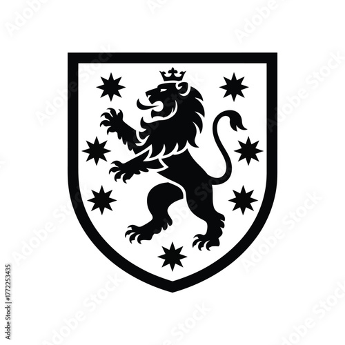 Black lion rampant on shield with stars heraldic symbol