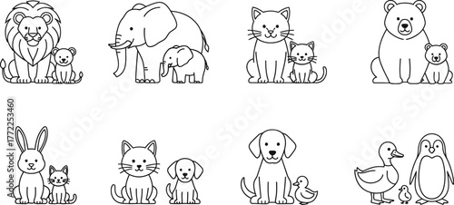 Animal family lion elephant cat bear rabbit dog duck penguin outline zoo