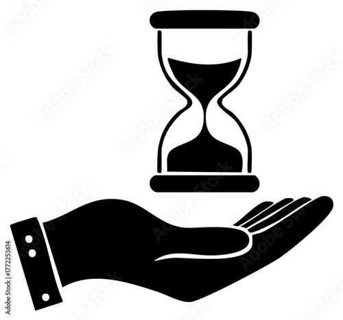 Hourglass floating over an open hand, a conceptual icon for time, deadlines, and patience