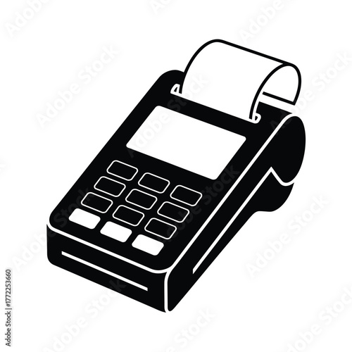 Black and white illustration of a credit card payment terminal with receipt