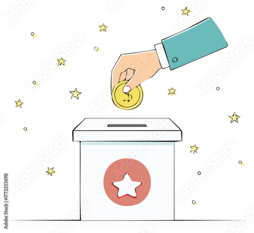 Hand putting gold coin into box with star donations charity concept