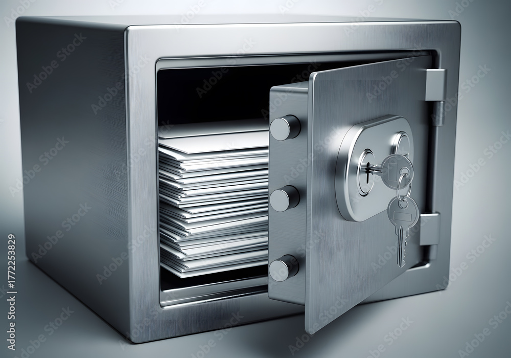 Fototapeta premium Secure metal safe with an open door revealing stacks of valuable documents and a key, symbolizing security and protection