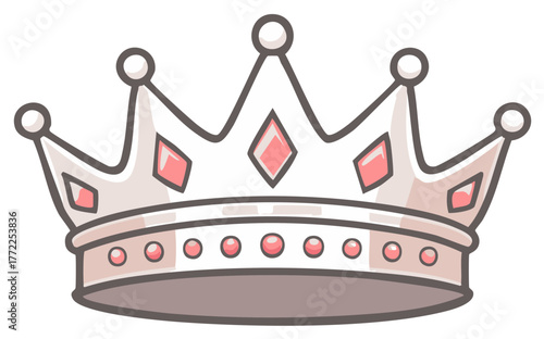 Elegant cartoon silver crown with pink gemstones and jewels, a royal hand-drawn illustration