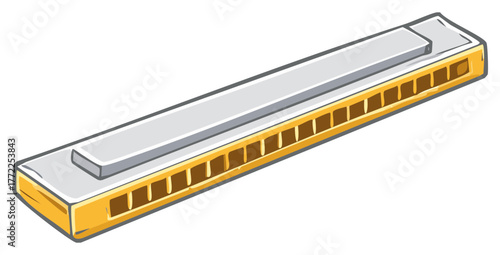 Cartoon image of a silver and gold harmonica with many holes, a musical instrument