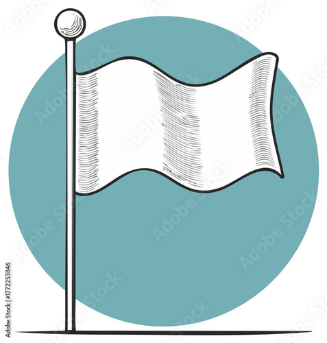 Hand drawn retro illustration of a blank white flag waving on a pole