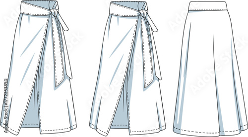 Vector CAD drawing of wrap skirt with asymmetrical hem and tie closure in front and back views for fashion design illustration