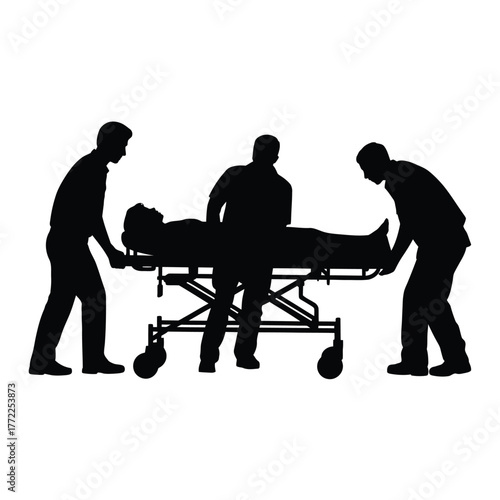 Silhouettes of paramedics transporting a patient on a stretcher