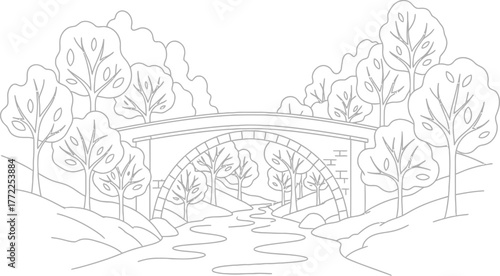 Bridge river trees nature landscape park outdoors scenic travel tourism drawing art