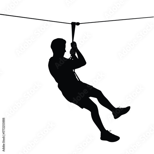 Silhouette of a person ziplining against a white background