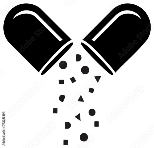 Pharmaceutical capsule spilling medication particles in geometric shapes