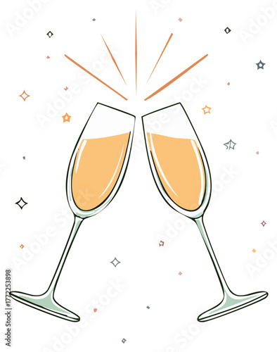 Festive sparkling celebration featuring champagne flutes toasting with radiant star accents against white