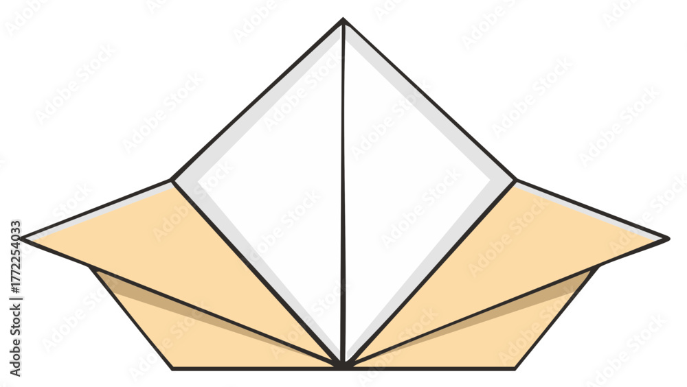 Fototapeta premium Geometric origami paper boat with folded beige sides and white center in vector format