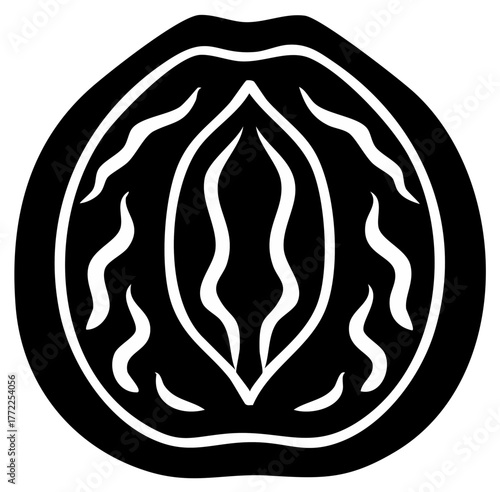 Black and white graphic icon of a stylized vulva or walnut. Minimalist abstract symbol of femininity and nature.