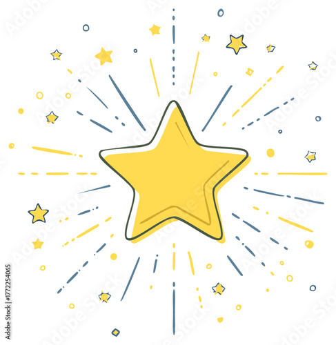 Hand drawn yellow star bursting with light and scattered small stars doodle illustration