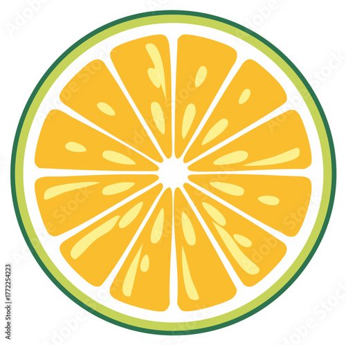 Stylized citrus fruit slice with vibrant yellow pulp and green rind, graphic design element, healthy snack ingredient