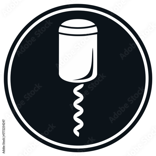 Minimalist black and white corkscrew pulling a wine cork icon inside a circular badge vector illustration