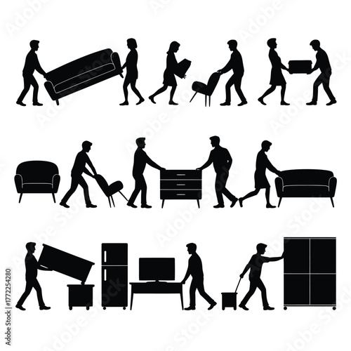 Silhouettes of people moving furniture and boxes for relocation